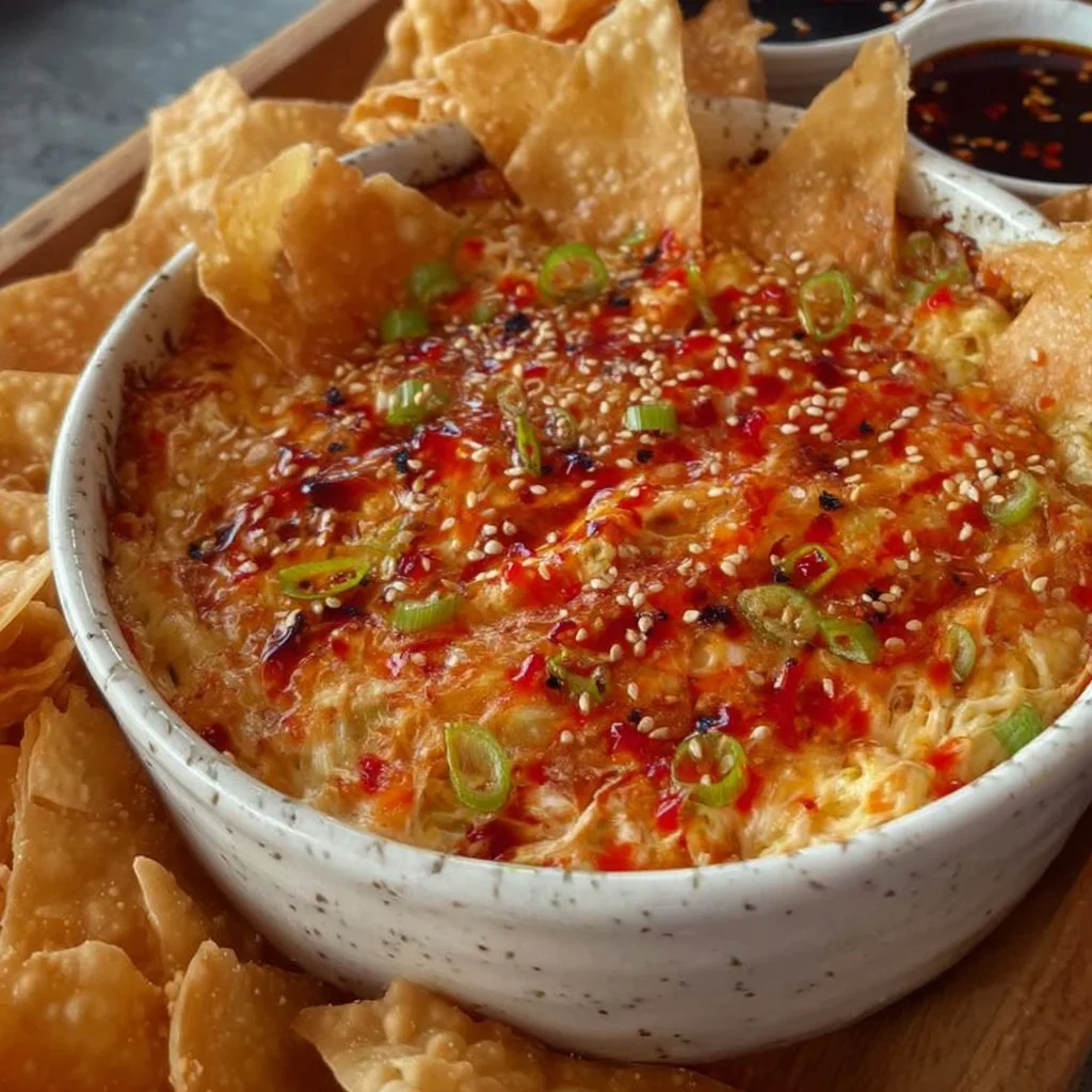 Delicious Crab Rangoon Dip served with crispy wonton chips