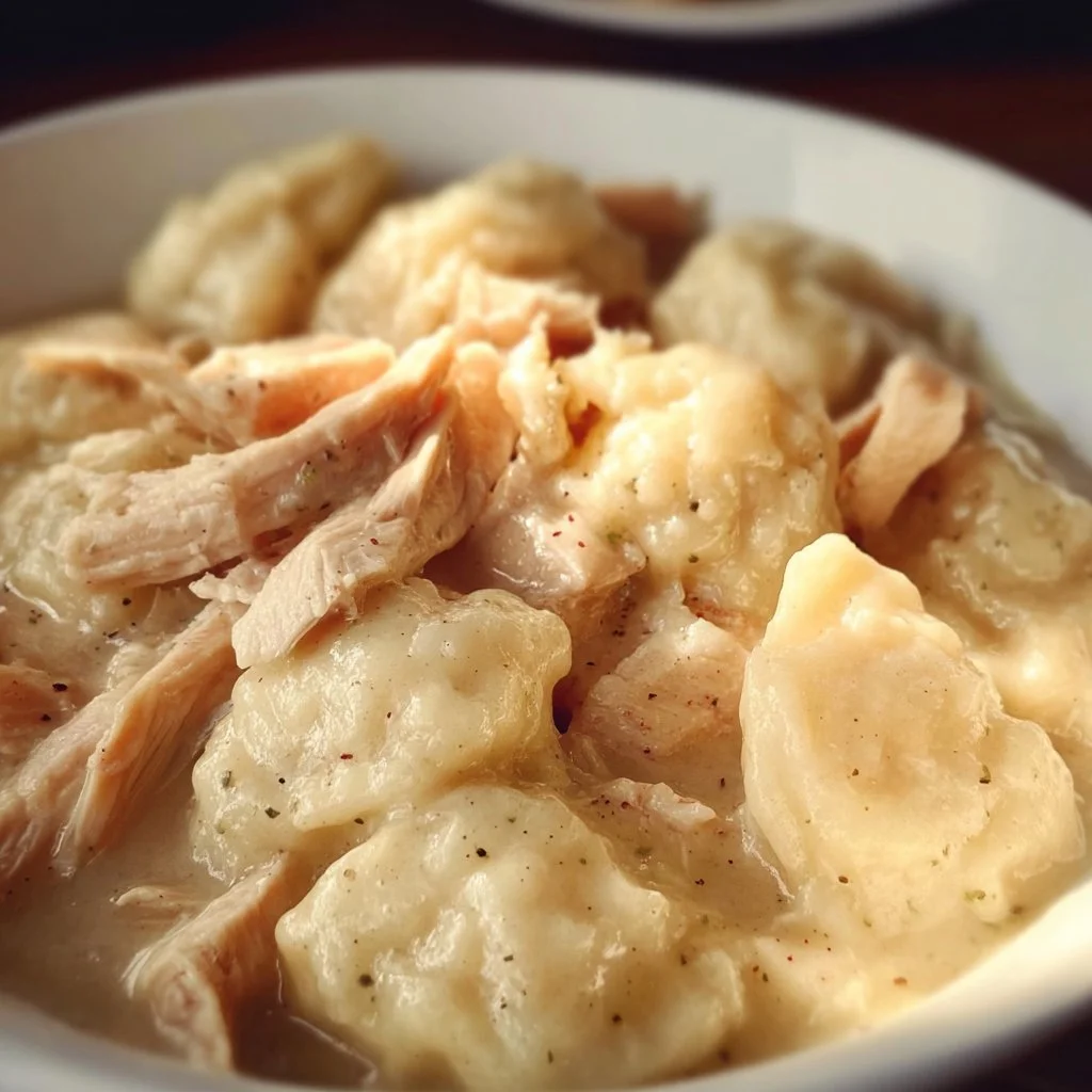 Bowl of Cracker Barrel Chicken and Dumplings served with biscuits
