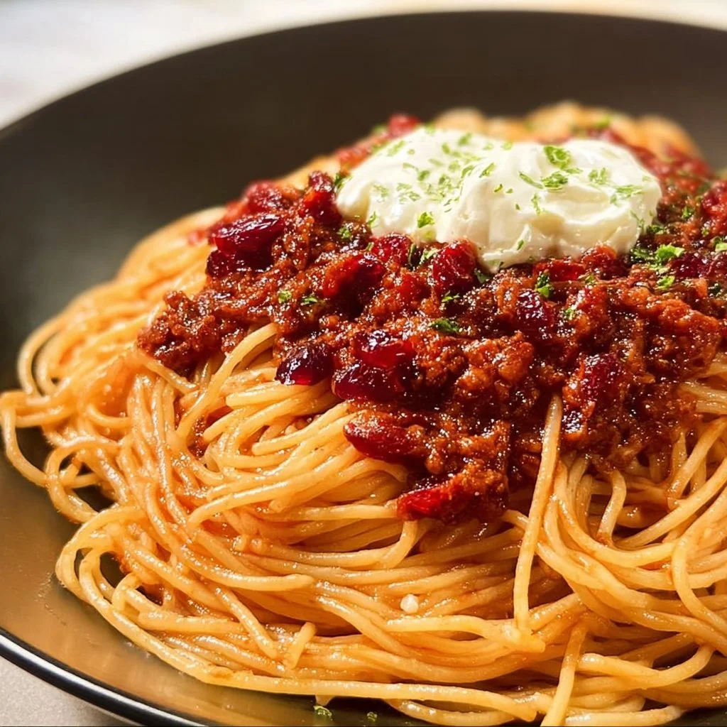 Plate of cranberry spaghetti topped with herbs and grated cheese