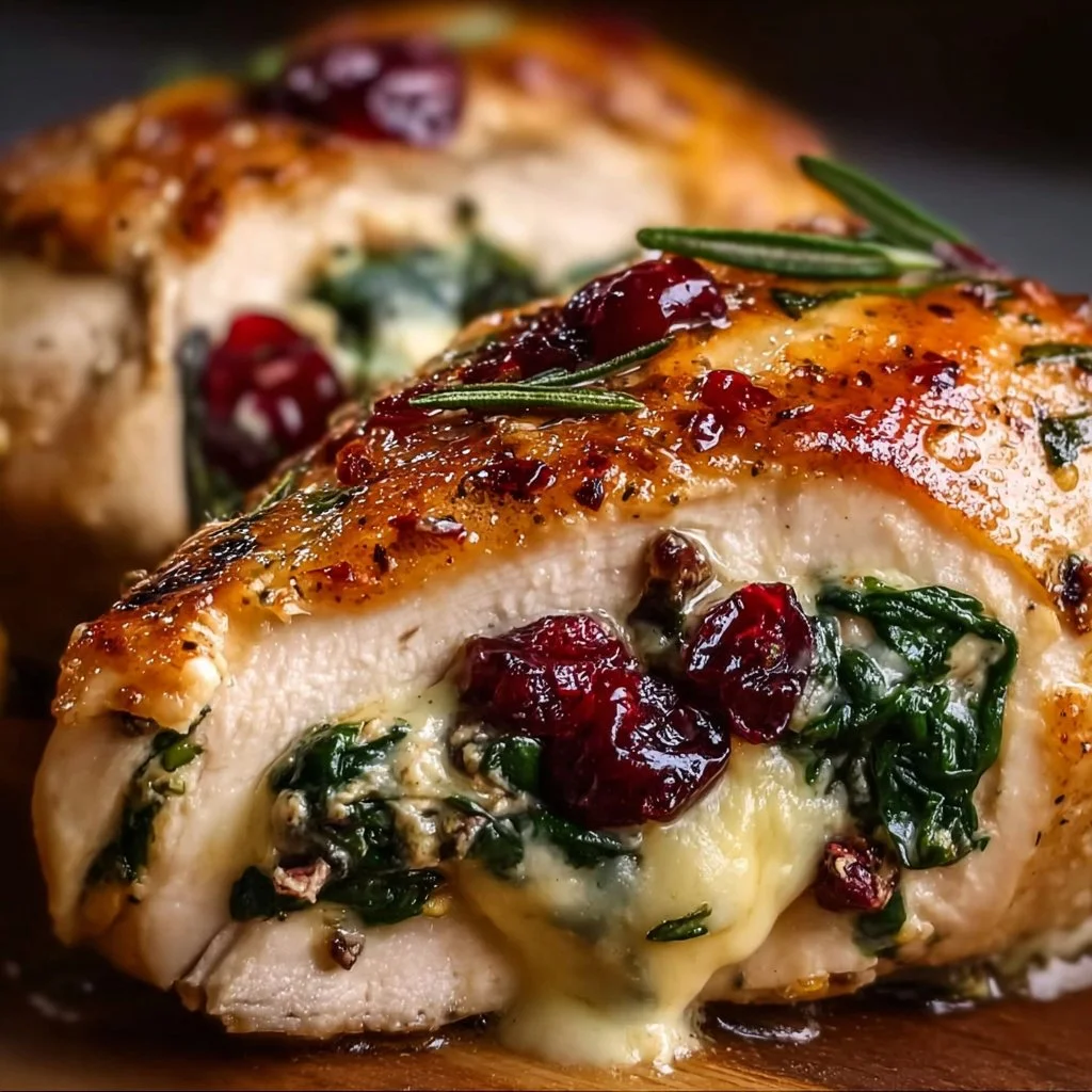 Cranberry and spinach stuffed chicken breasts with brie cheese