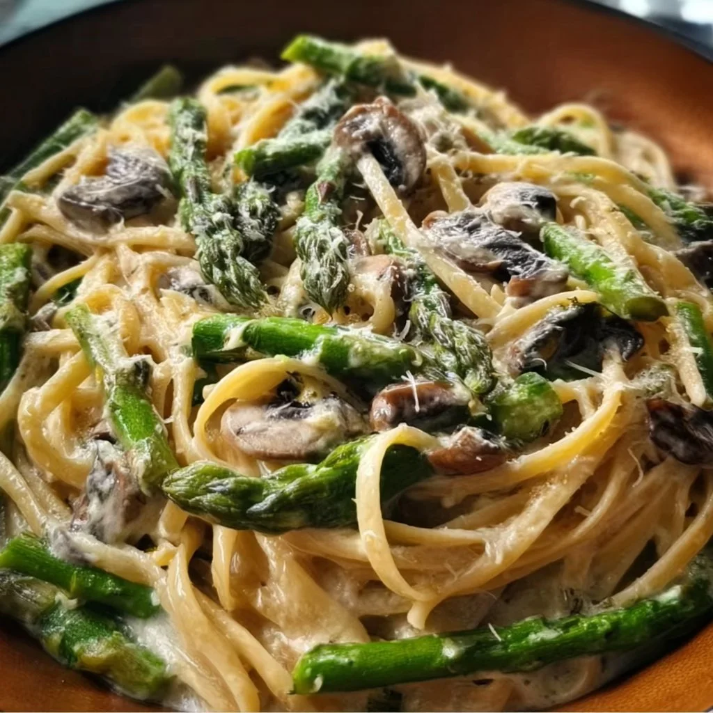 Creamy asparagus mushroom pasta dish garnished with herbs