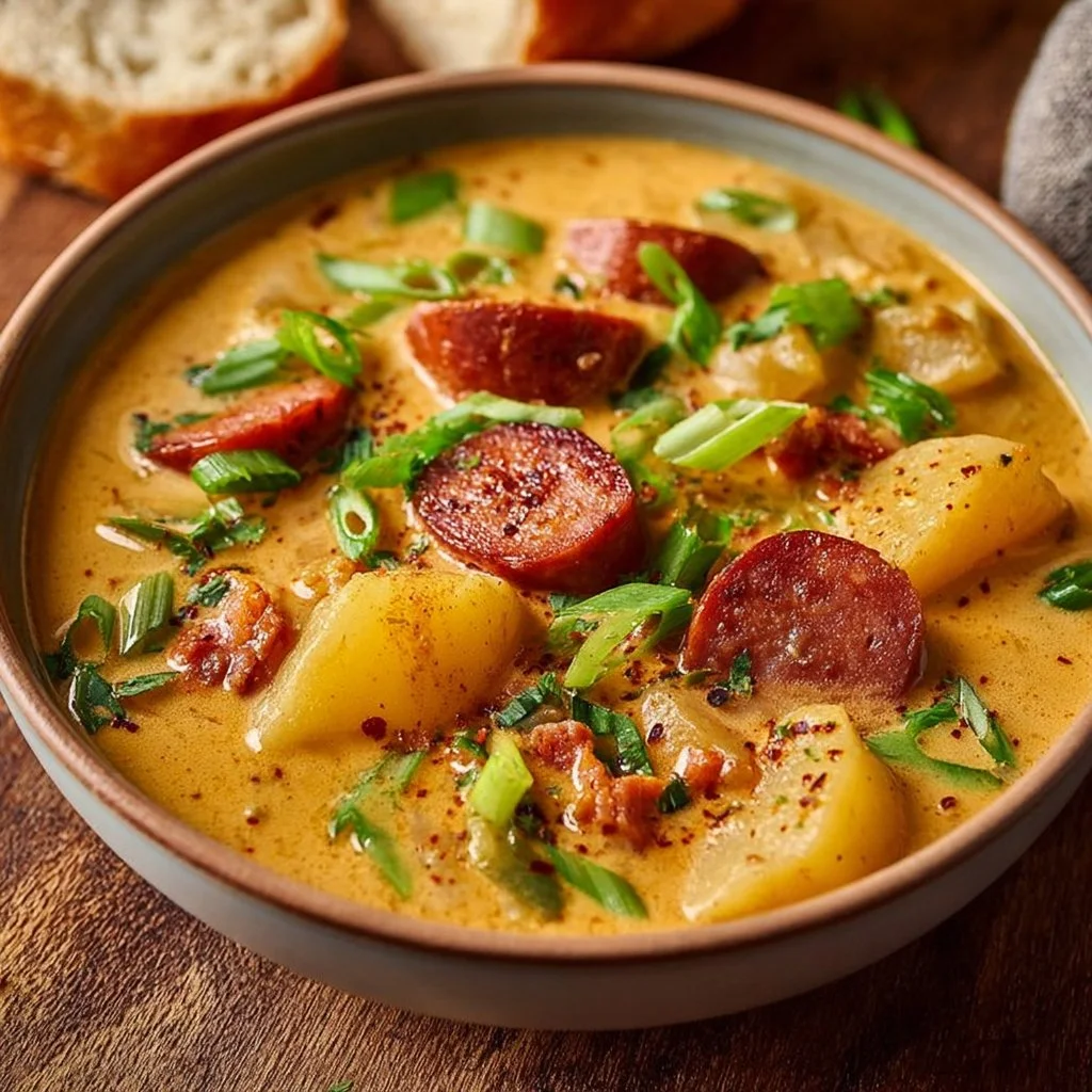 Bowl of creamy Cajun potato soup garnished with herbs and spices
