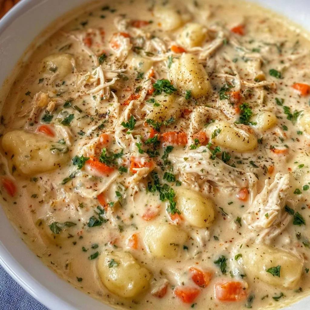 Bowl of creamy chicken gnocchi soup garnished with herbs