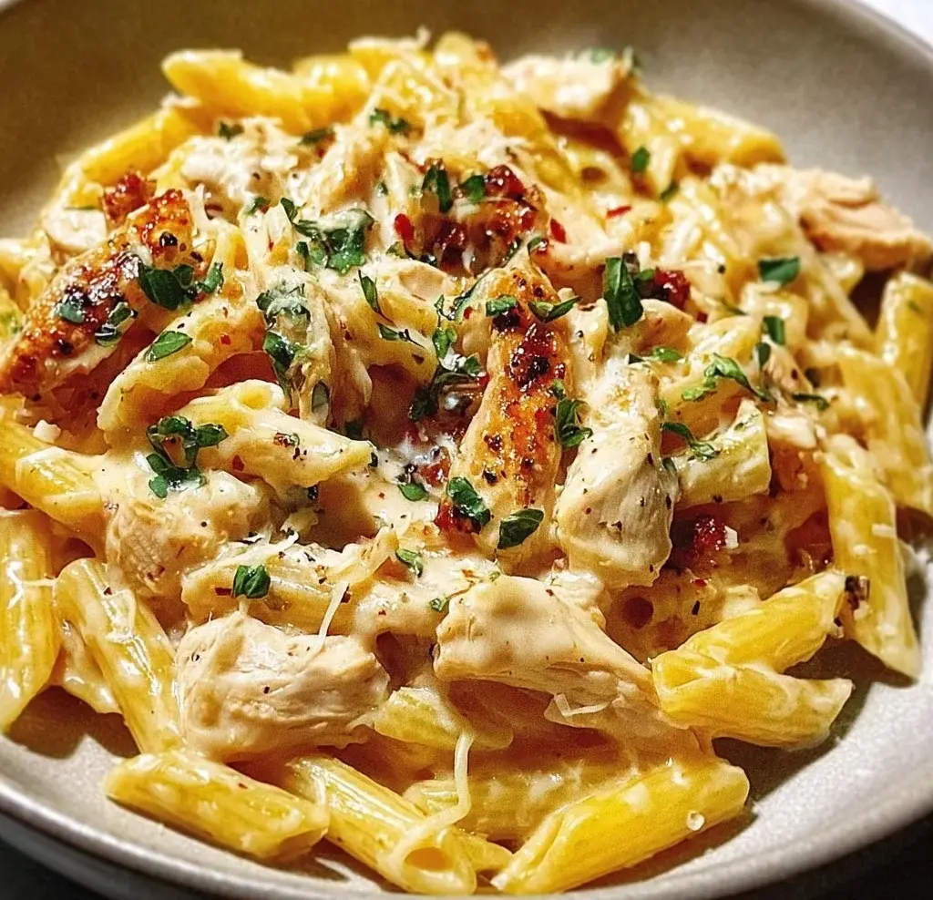 Creamy chicken pasta cooked in a crockpot, served in a bowl.