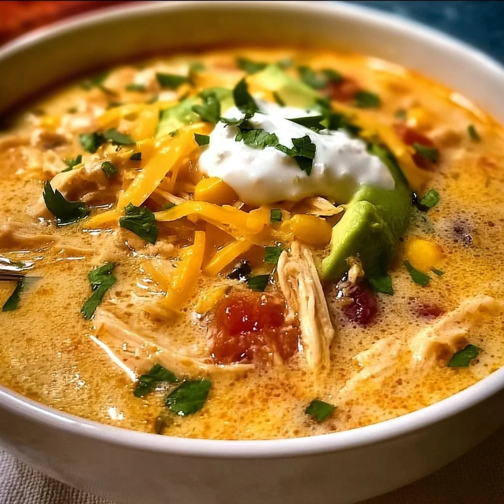 A bowl of creamy chicken taco soup topped with avocado and cilantro
