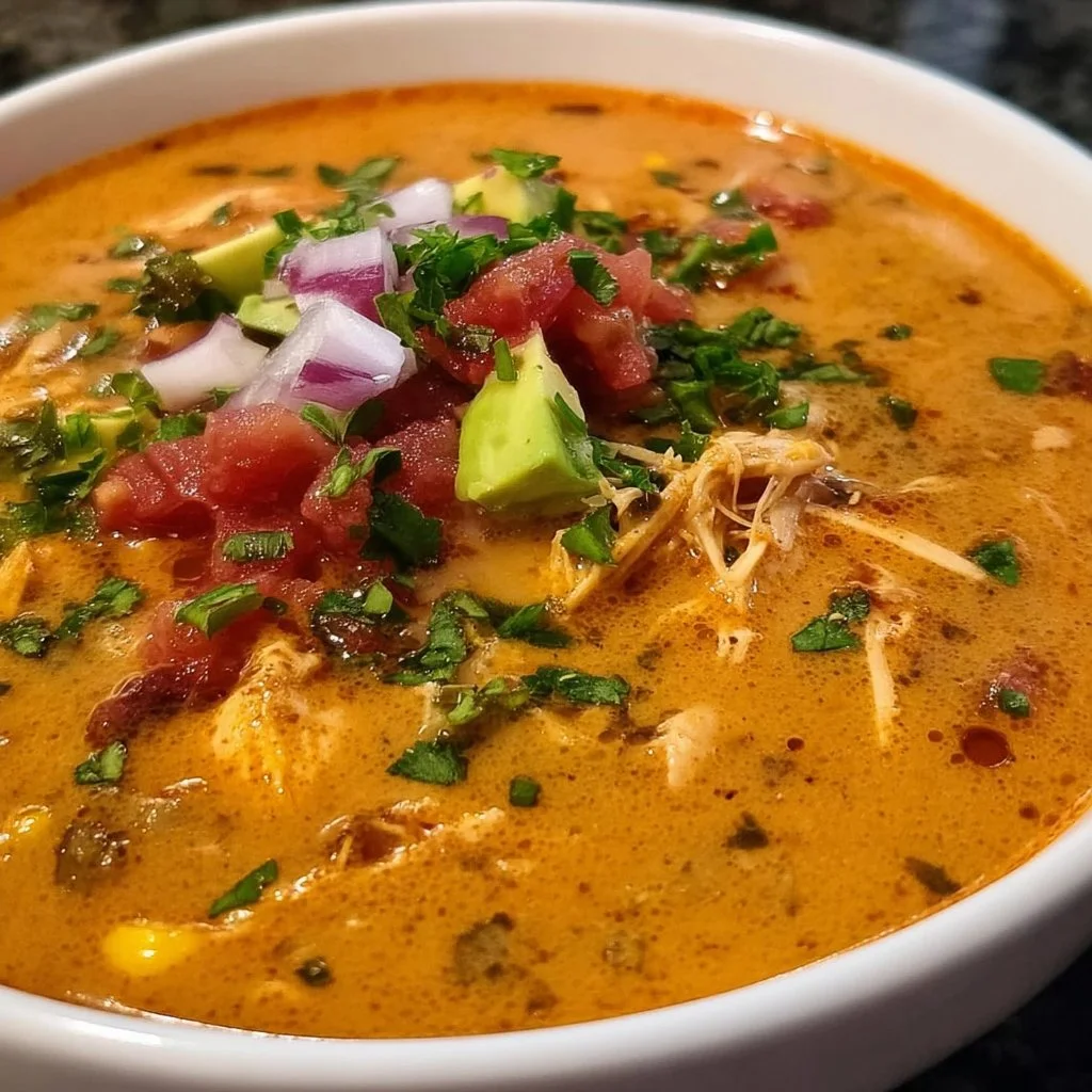 Bowl of creamy chicken taco soup garnished with cilantro and lime.