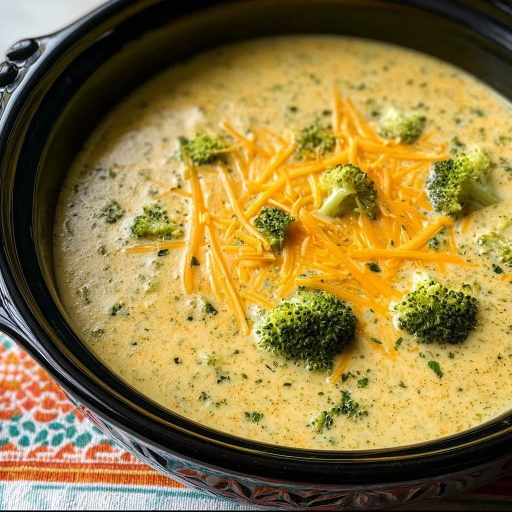 Bowl of creamy crockpot broccoli cheddar soup garnished with cheese and broccoli