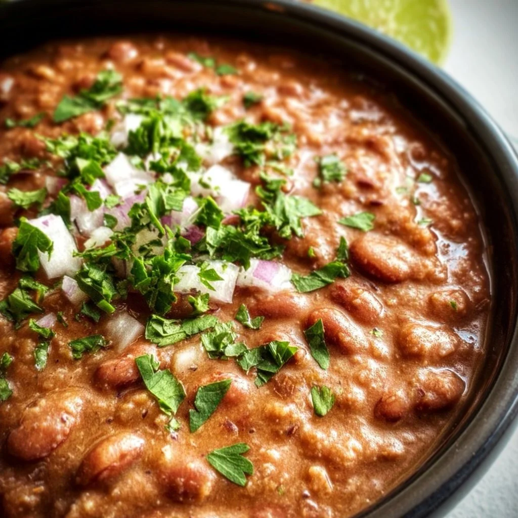 Creamy crockpot refried beans in a bowl, garnished with cilantro and spices