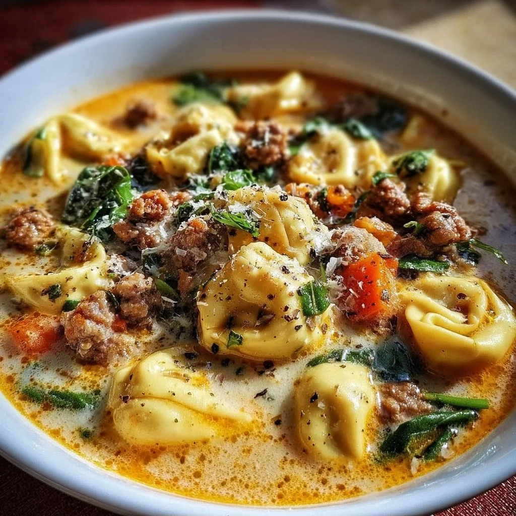 Creamy crockpot tortellini soup with sausage in a bowl