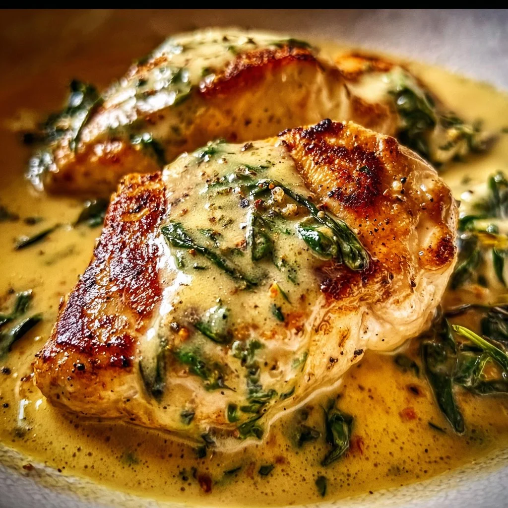 Plate of creamy Dijon chicken served with herbs and vegetables