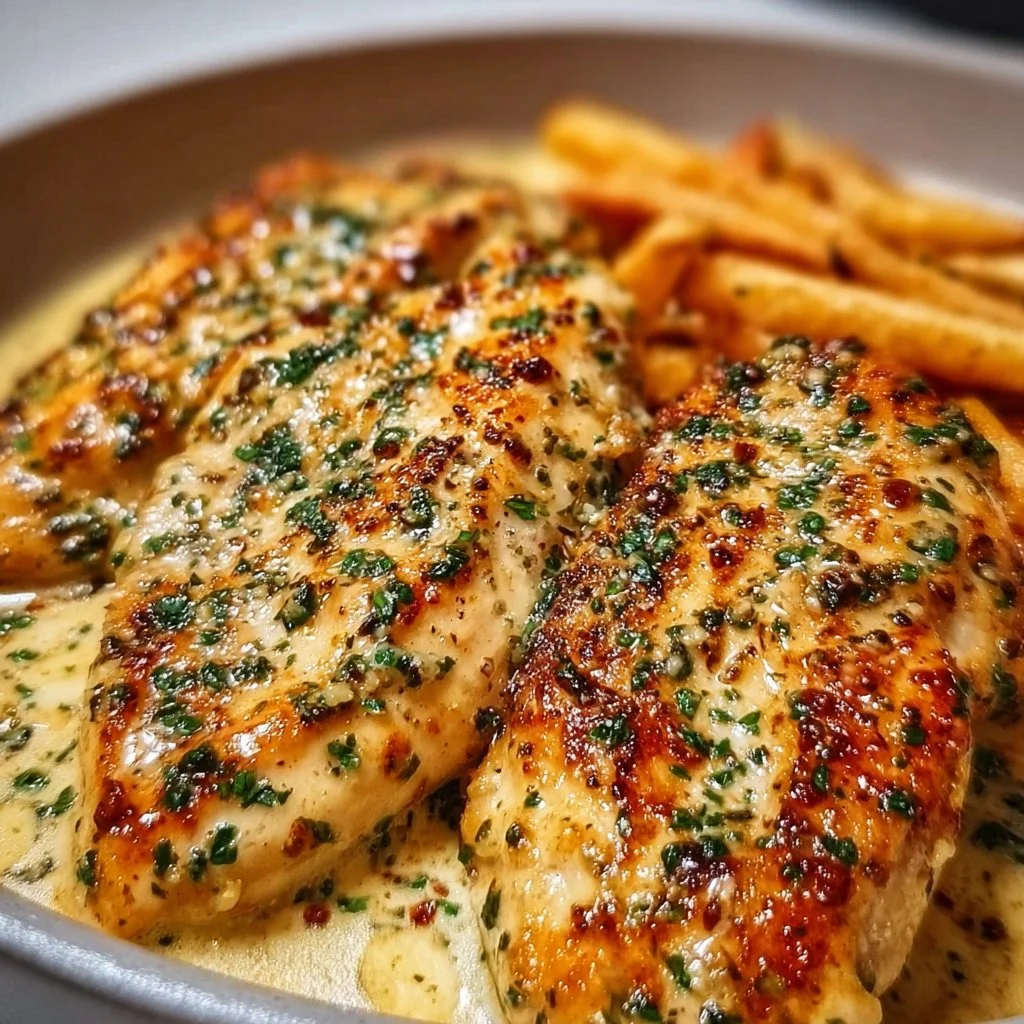 Creamy garlic-parmesan chicken dish served with herbs and vegetables