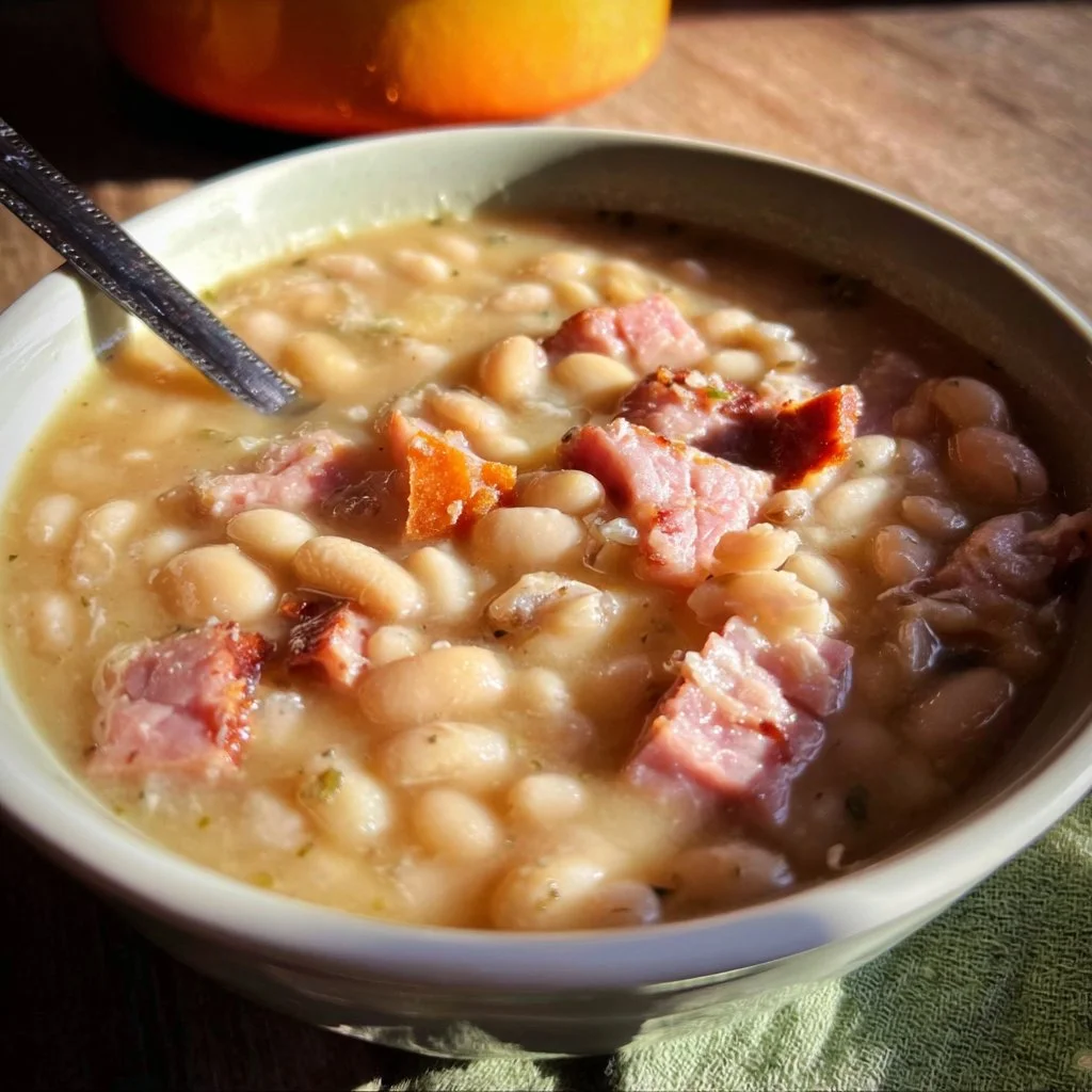 Creamy ham and beans dish garnished with herbs on a rustic table