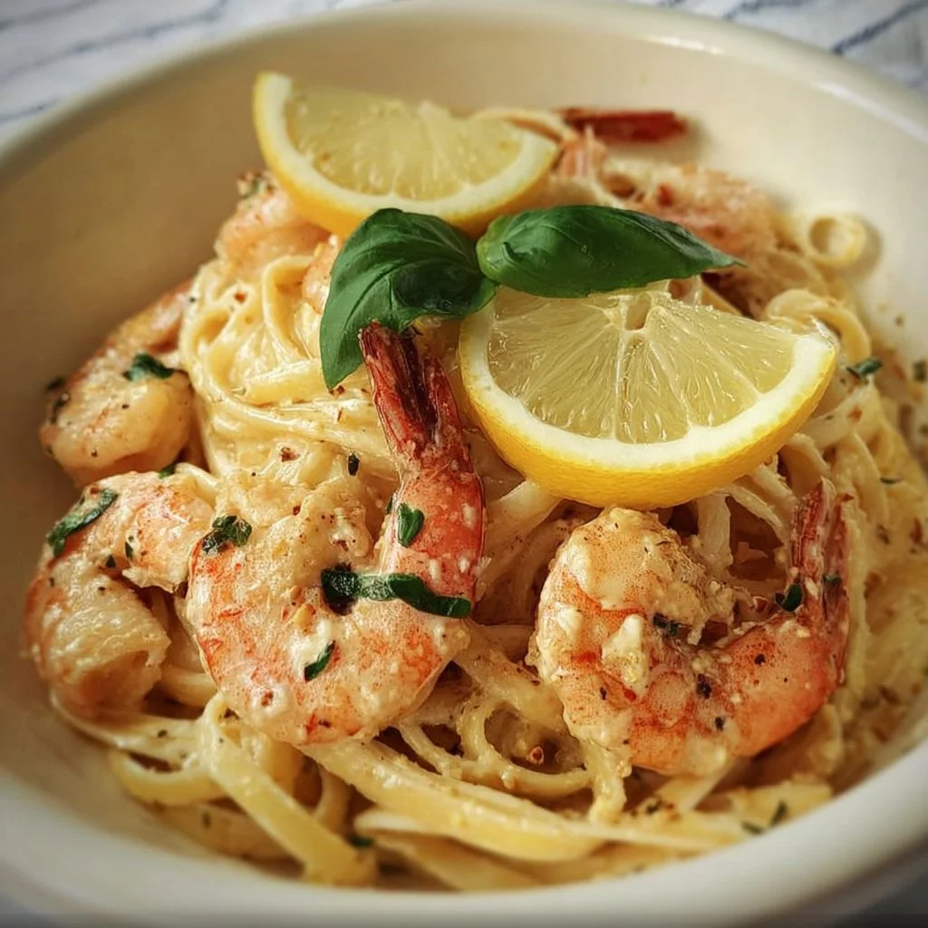 Creamy lemon shrimp pasta garnished with fresh herbs and lemon slices.