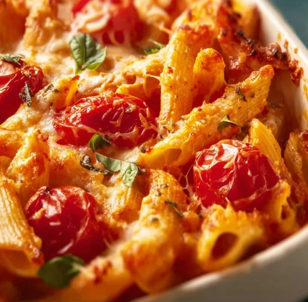 Creamy pasta bake with cherry tomatoes and fresh basil