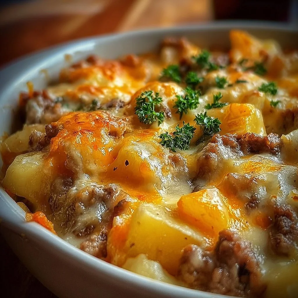 Creamy potato beef casserole baked to perfection, topped with cheese and herbs.