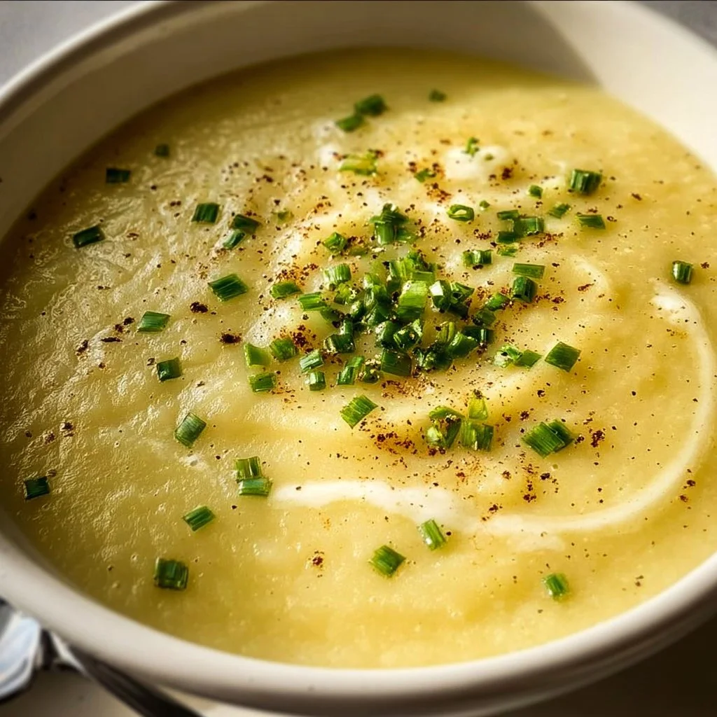 Bowl of creamy potato leek soup garnished with fresh herbs