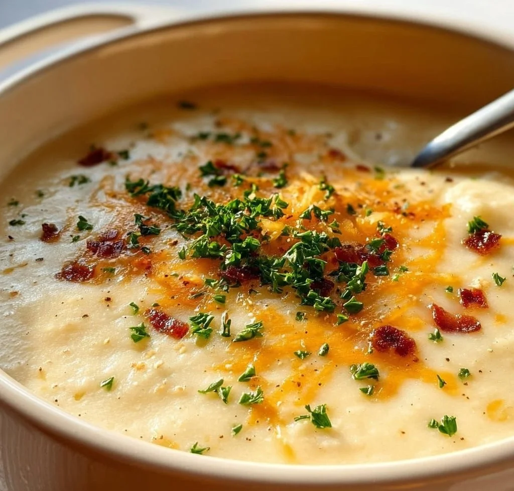 Bowl of creamy potato soup garnished with herbs and served with bread