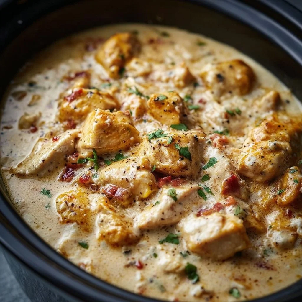 Delicious creamy ranch chicken in a crock pot, perfect for dinner.