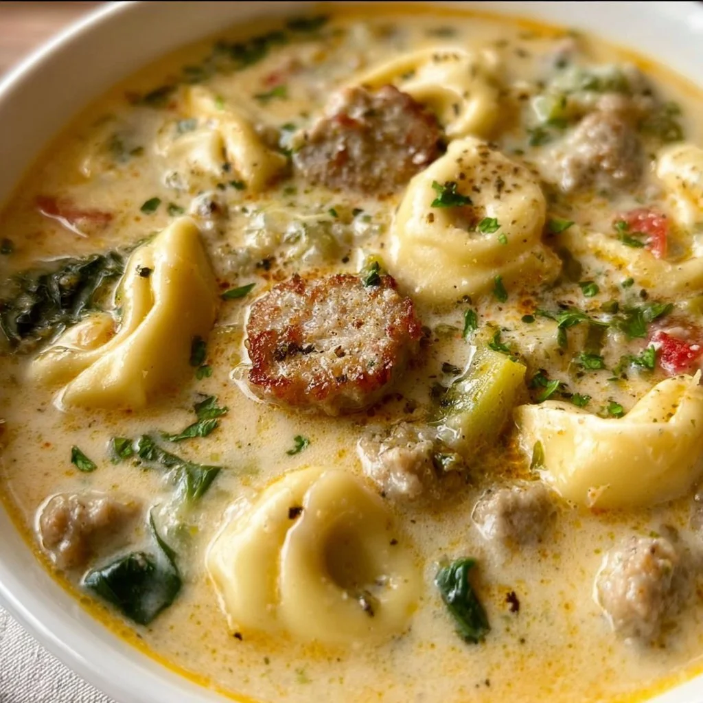 A bowl of creamy sausage tortellini soup with fresh herbs and bread on the side.