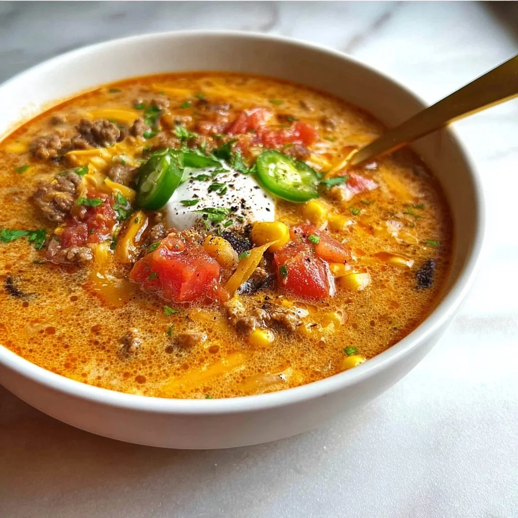 Bowl of creamy taco soup garnished with cilantro and cheese