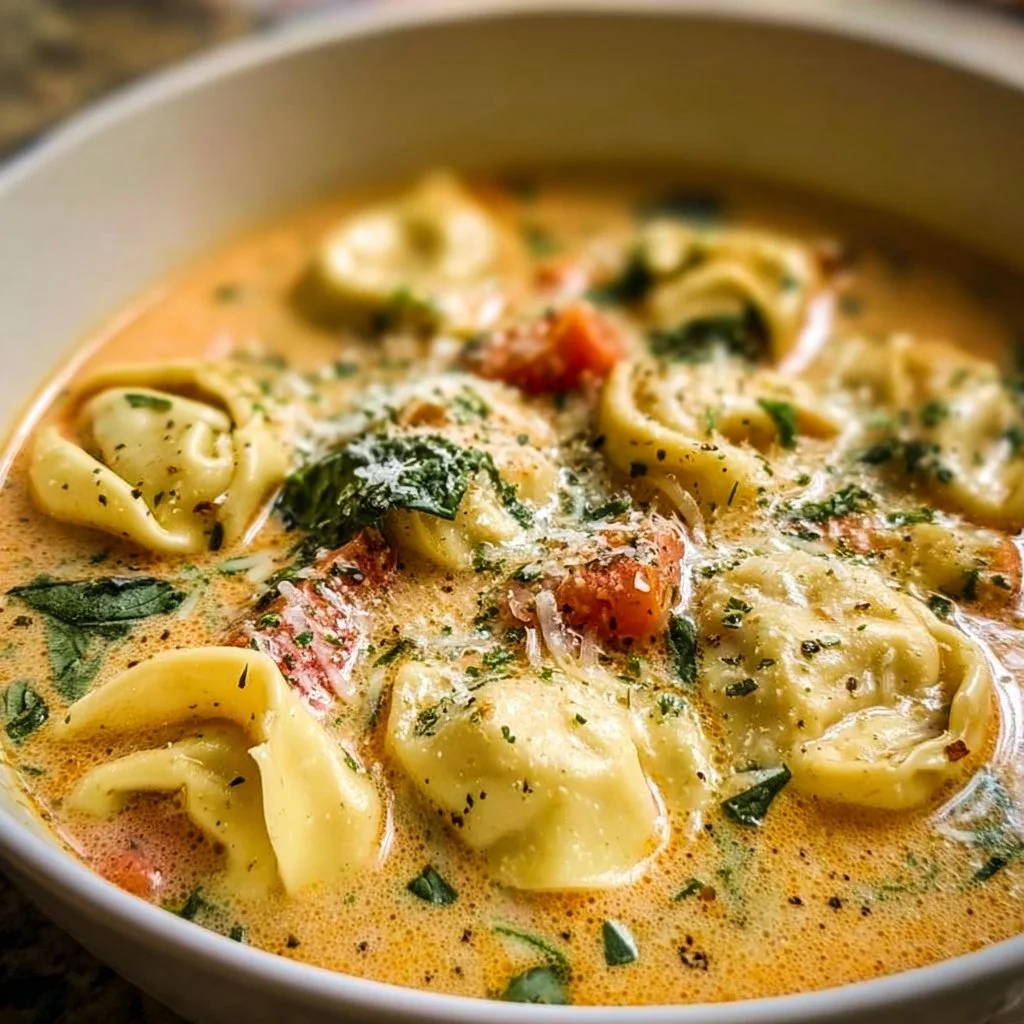 Bowl of creamy tortellini soup garnished with herbs