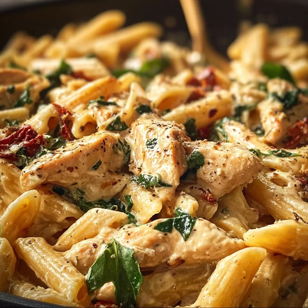 Creamy Tuscan chicken pasta with spinach and sun-dried tomatoes