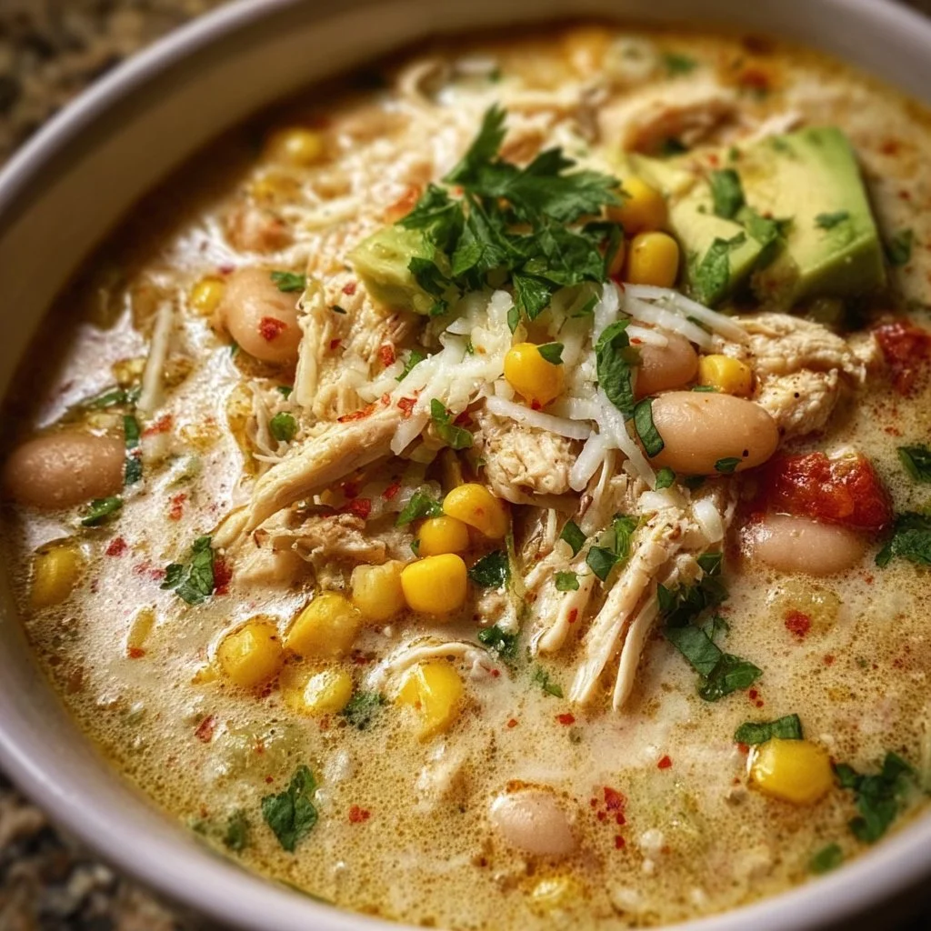 Bowl of creamy white chicken chili topped with herbs and cheese