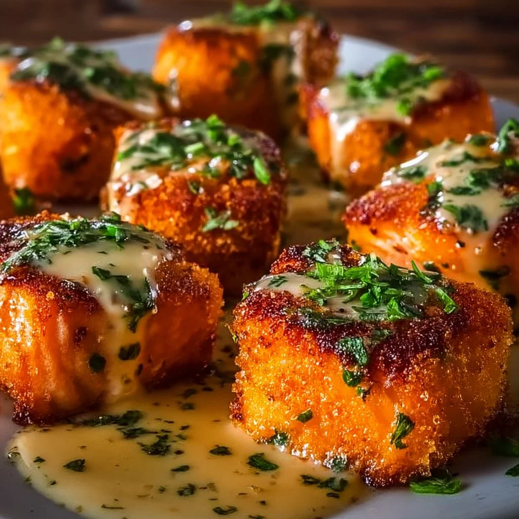 Crispy Bang Bang Salmon Bites served in a bowl with dipping sauce.