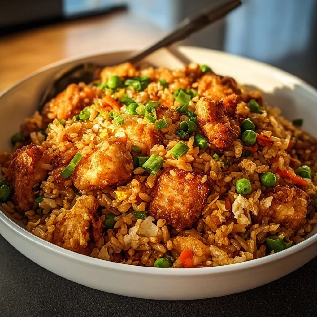 Plate of crispy garlic chicken fried rice garnished with green onions