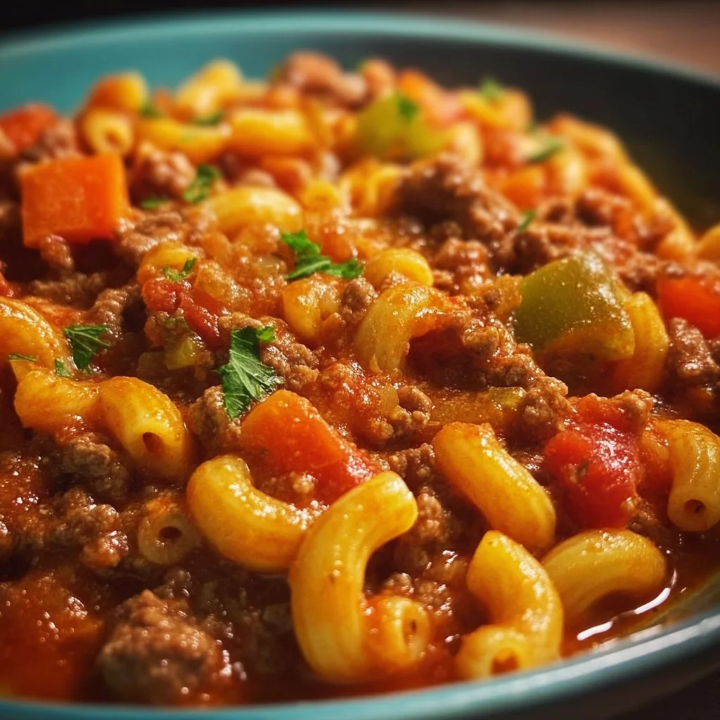 Bowl of Crock Pot American goulash with pasta and ground beef