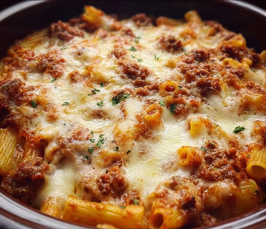 Crock Pot Baked Ziti dish served with cheese and herbs