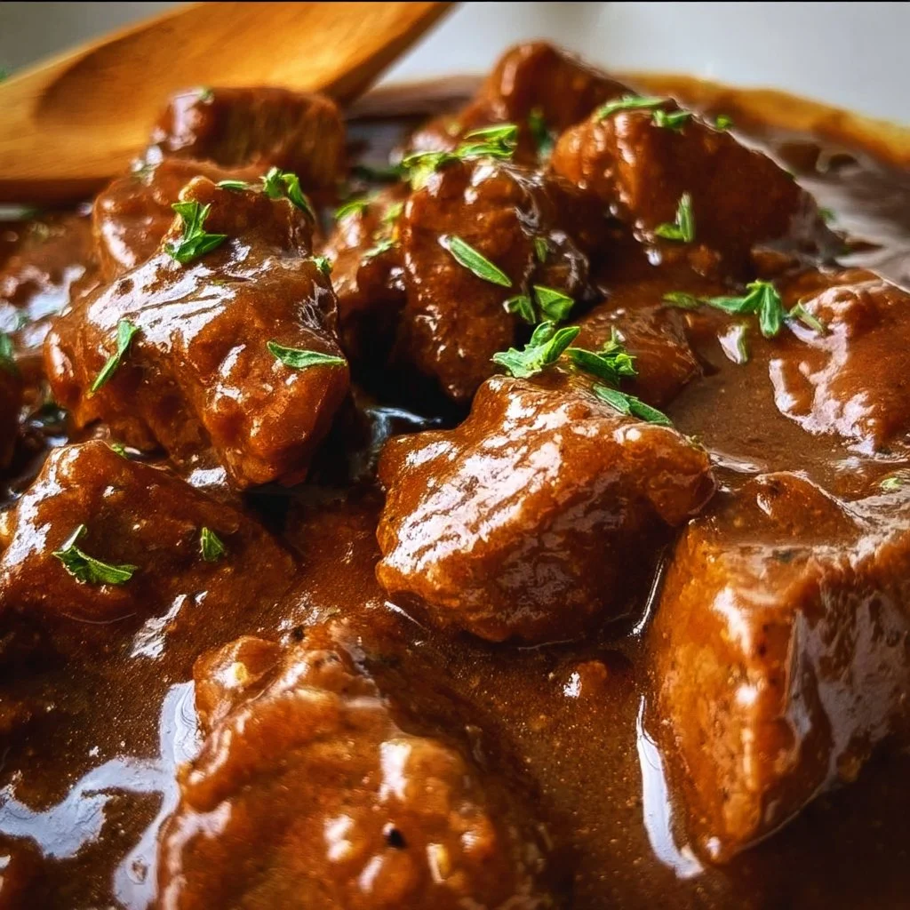 Crock pot beef tips and gravy served with mashed potatoes