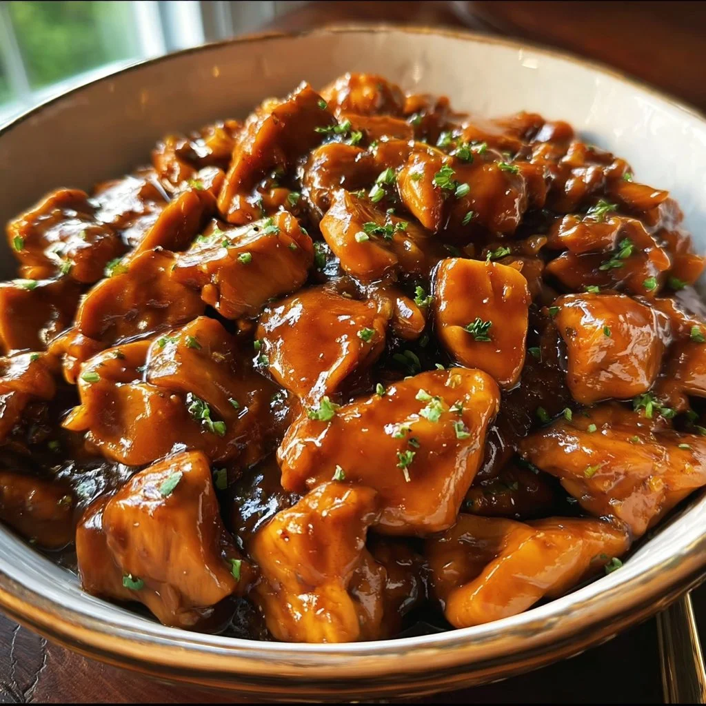 Delicious Crock Pot Bourbon Chicken served with rice and vegetables