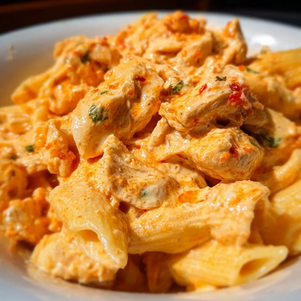 Crock Pot Buffalo Chicken Pasta in a bowl, topped with green onions and cheese