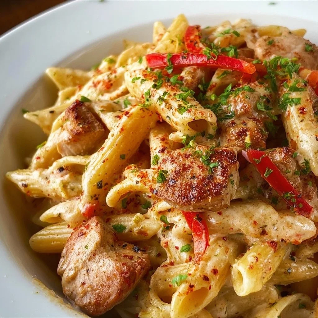 Bowl of delicious Crock Pot Cajun Chicken Pasta topped with herbs and spices