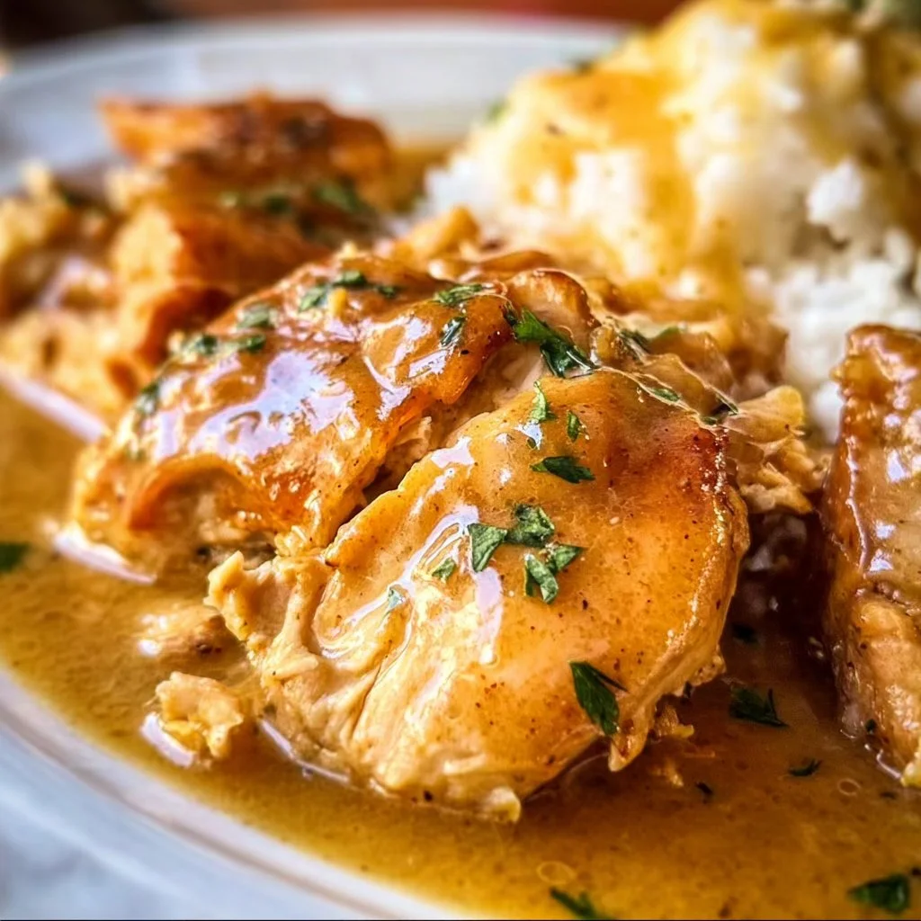 Crock Pot Chicken and Gravy served with mashed potatoes