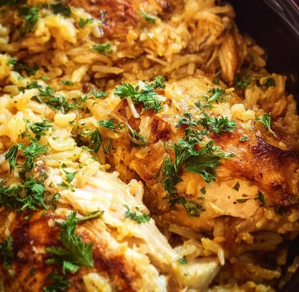 Crock-Pot Chicken and Rice Casserole served in a dish