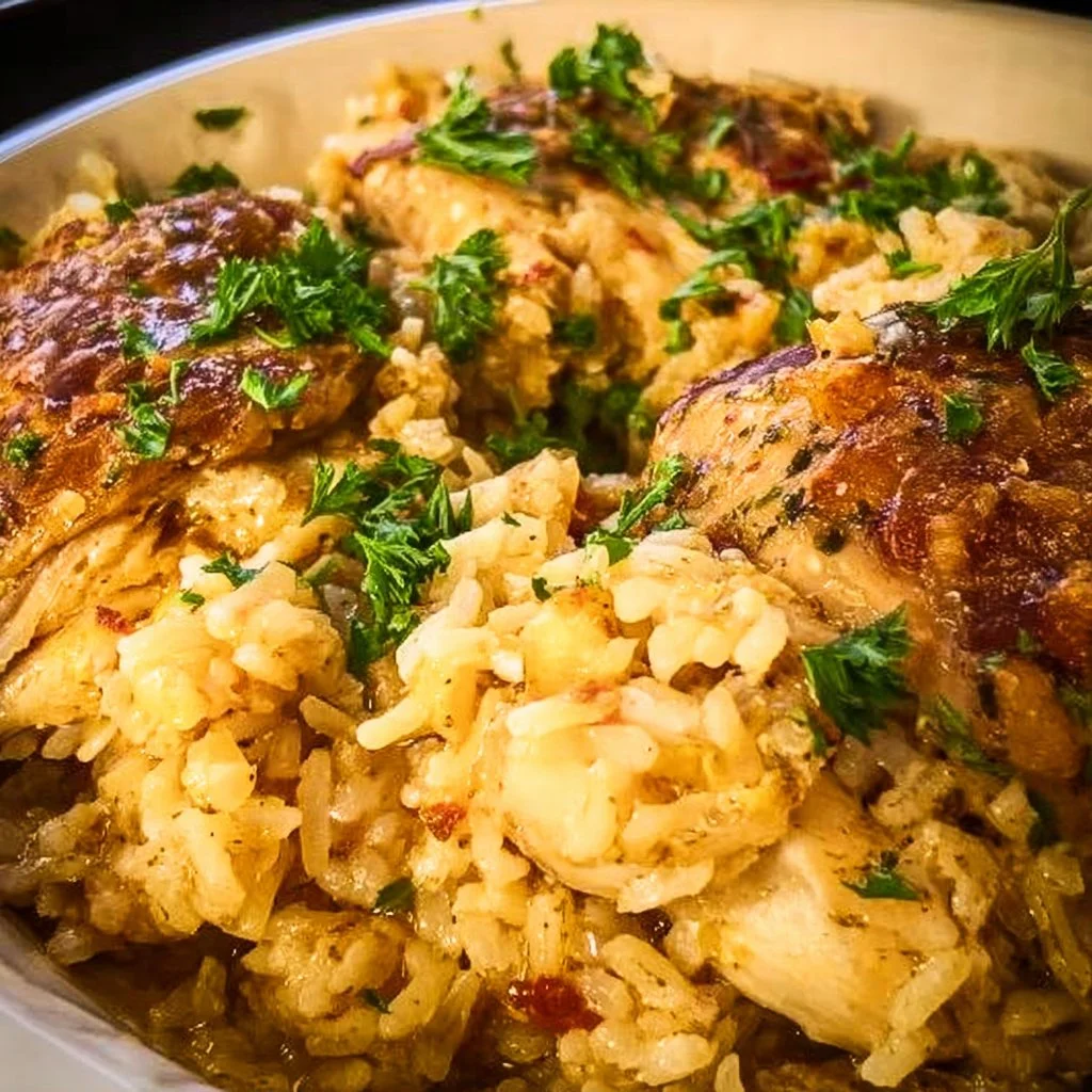Delicious Crock-Pot Chicken and Rice Casserole served in a bowl with fresh herbs