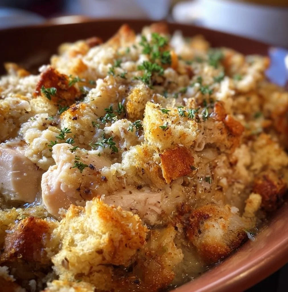 Serving of Crock Pot chicken and stuffing on a plate garnished with herbs.