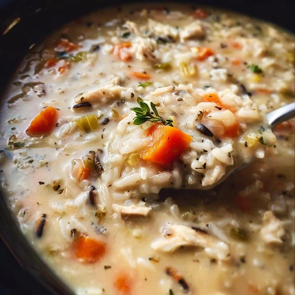 A bowl of Crock Pot Chicken and Wild Rice Soup garnished with fresh herbs.