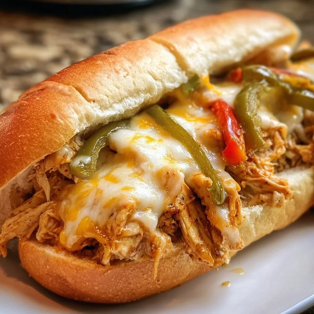 Delicious Crock Pot Chicken Cheesesteak served on a hero roll with peppers and cheese