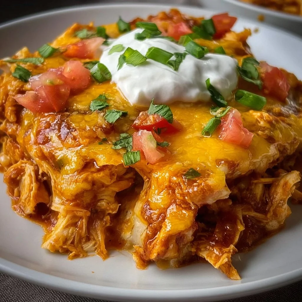 Delicious Crock Pot Chicken Enchilada Casserole served with toppings