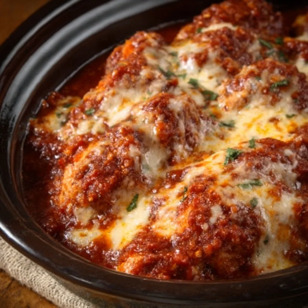 Slow-cooked Crock-Pot Chicken Parmesan served with pasta and cheese
