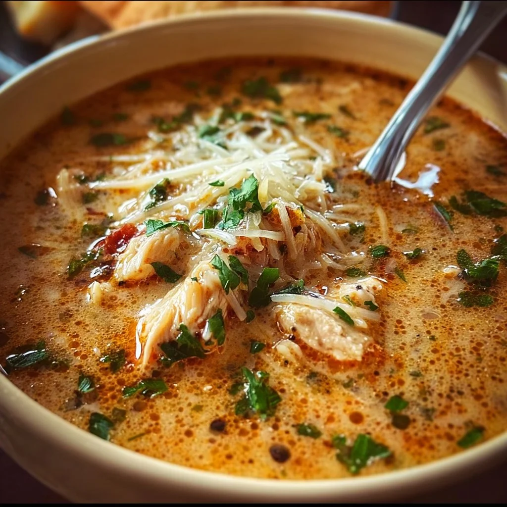 Crock pot chicken parmesan soup served in a bowl with cheese and herbs