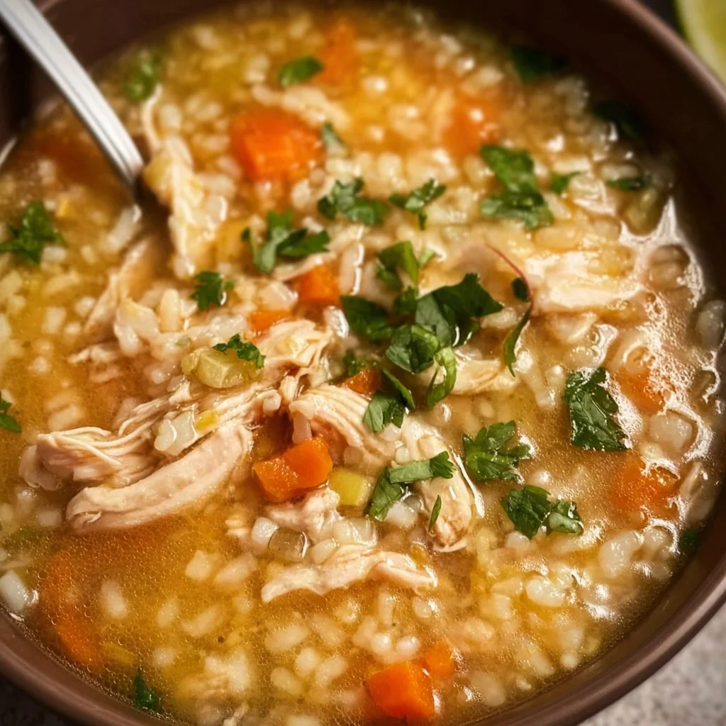 Crock Pot Chicken Rice Soup in a bowl with fresh herbs and rice