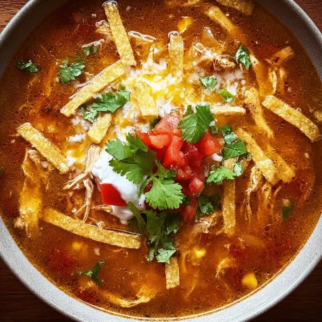 Crock Pot chicken tortilla soup served in a bowl with tortilla strips and cilantro.