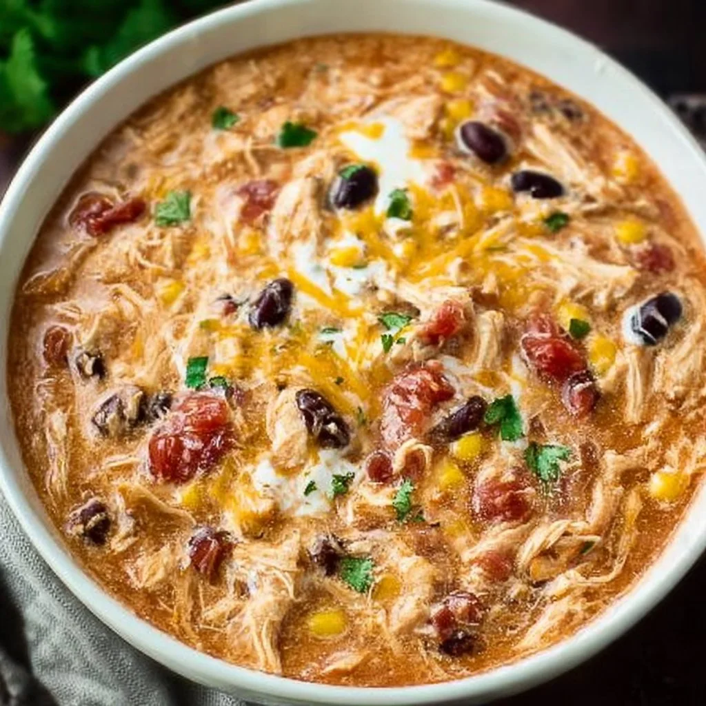 Crock Pot cream cheese chicken chili served in a bowl with toppings.
