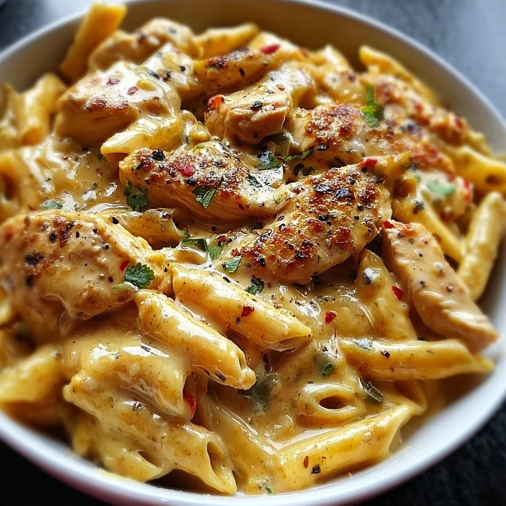 Creamy Cajun chicken pasta made in a crock pot, featuring vibrant colors and ingredients.