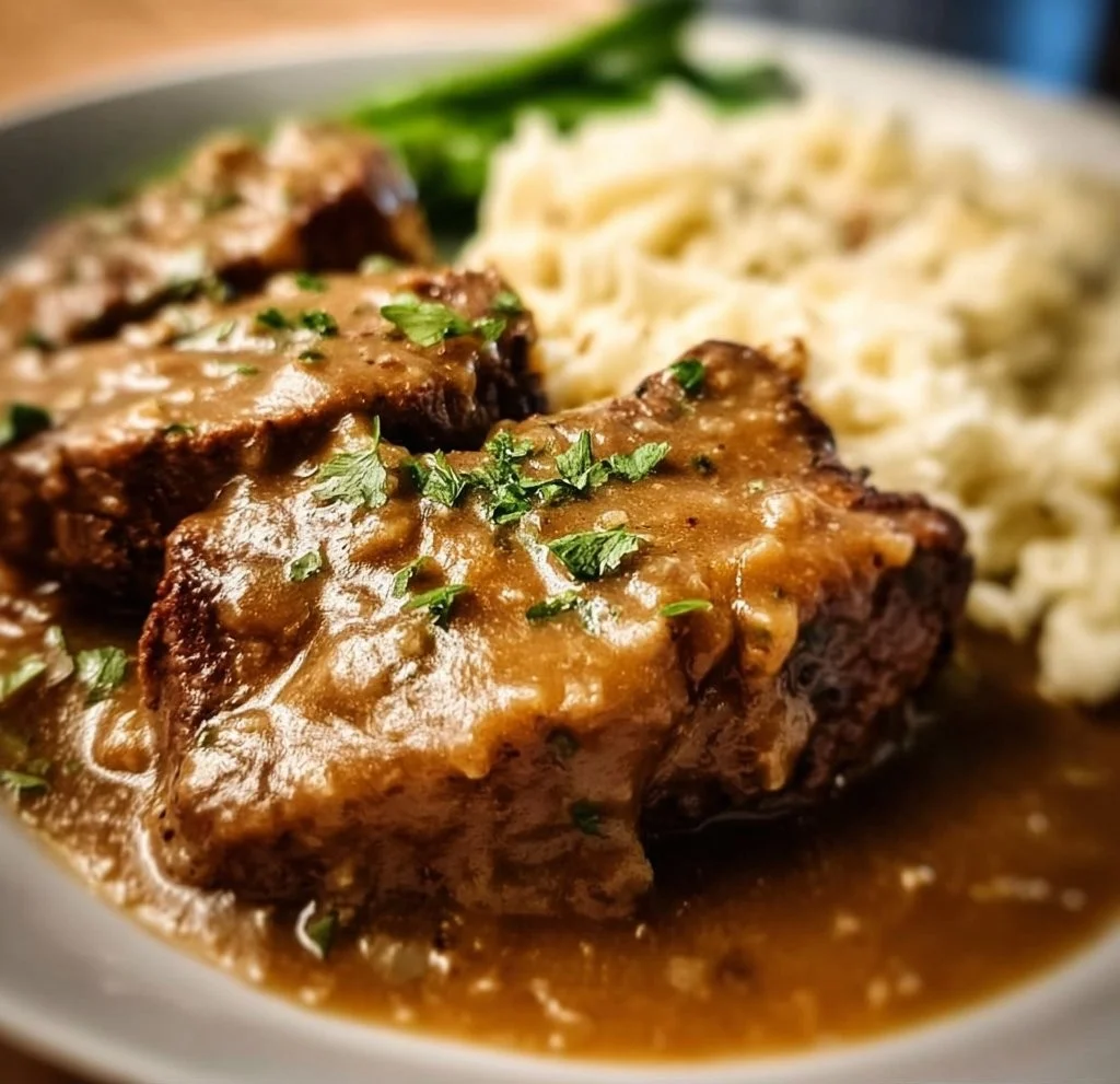 Slow-cooked cube steak in a Crock Pot with rich gravy