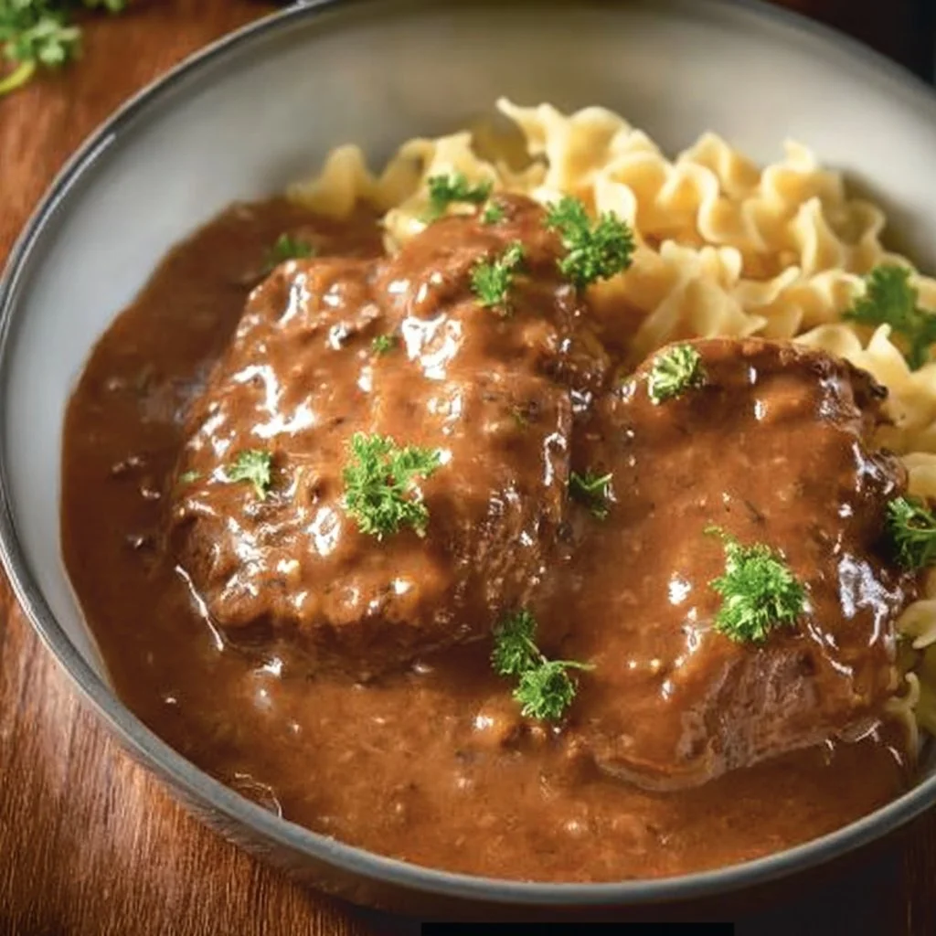 Crock pot cube steak with gravy served on a plate